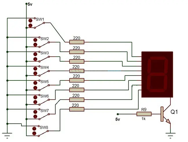 Transistor-Based Control of a 7-Segment Display Diagram